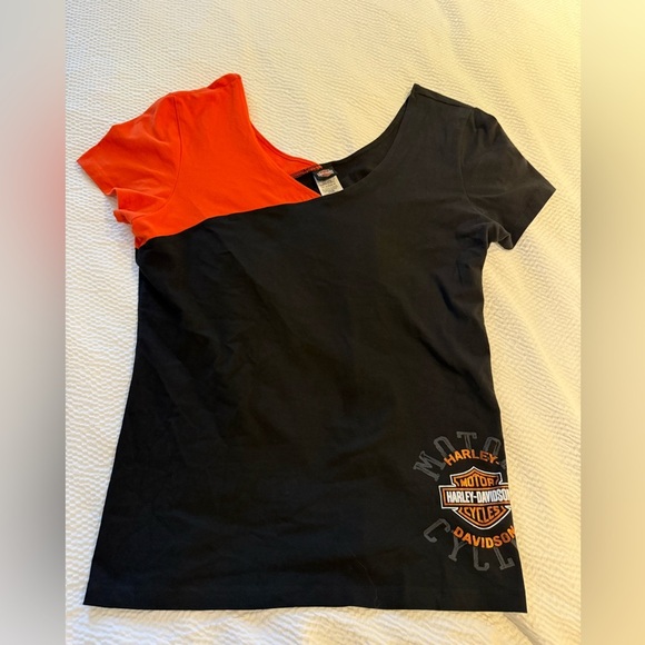 Harley-Davidson Two-Tone Black and Orange V neck Tee size XL - Picture 1 of 5